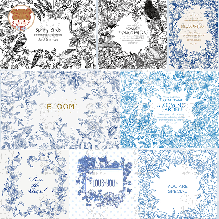 线描复古花卉鸟类图案矢量格式装饰印花源文件AI设计素材