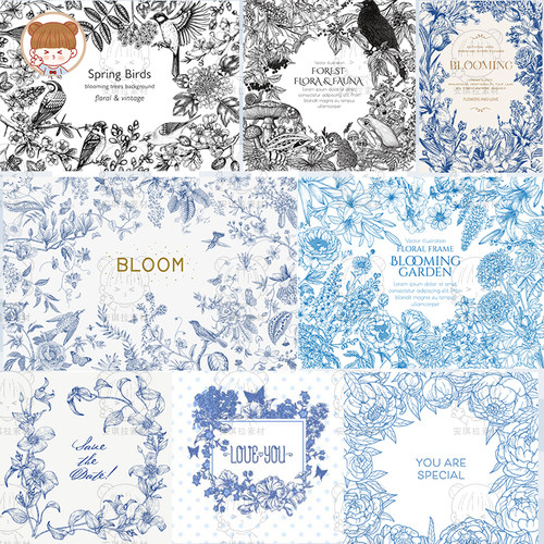 线描复古花卉鸟类图案矢量格式装饰印花源文件AI设计素材