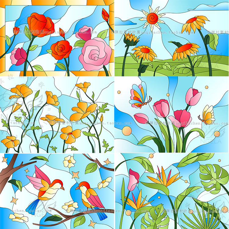 复古彩色艺术几何动物植物花鸟花卉窗花图案矢量设计素材