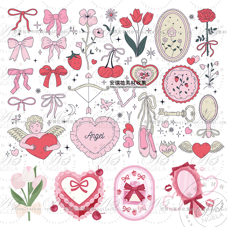 粉色系少女风郁金香蝴蝶结天使元素卡片海报装饰元素AI+png素材