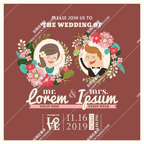 卡通唯美花饰创意新娘新郎婚庆矢量eps素材 创意婚礼卡片素材