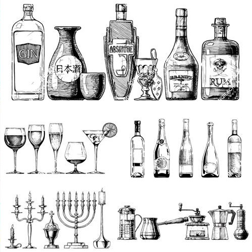手绘vintage复古线描美食酒瓶咖啡壶矢量eps源文件素材