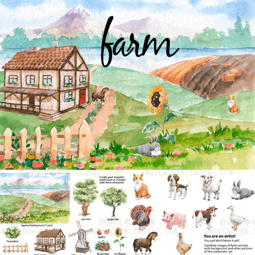 手绘森系水彩风田园乡村生活海报动物马牛猫png+psd设计素材