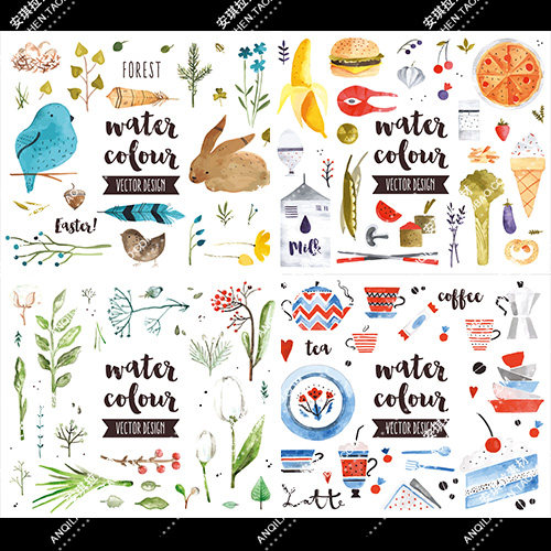 各类唯美清新水彩物品叶子医疗用品生活用品矢量eps素材手帐素材
