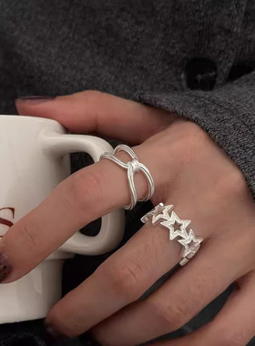 简约线条交叉戒指女镂空甜美星星S925镀银开口指环ins风食指戒潮