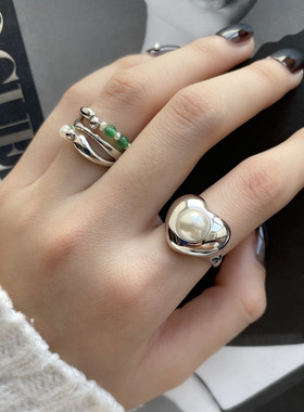 甜酷爱心珍珠戒指女百搭时尚叠戴个性S925镀银开口指环网红食指戒