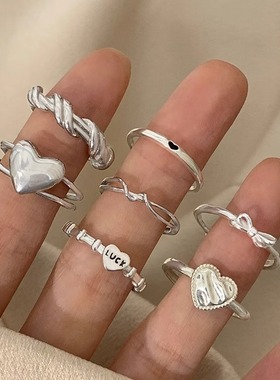 精致叠戴戒指女百搭时尚个性创意爱心S925镀银开口指环ins食指戒