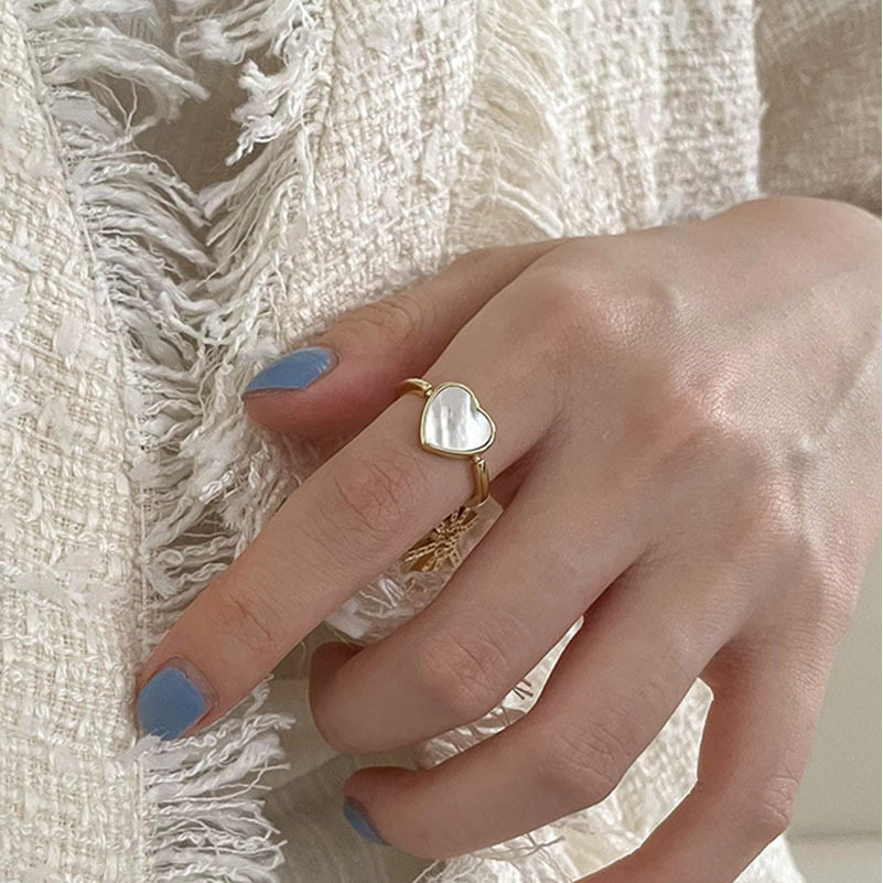 韩版S925银个性贝母心型戒指女复古时尚气质桃心开口指环食指戒潮