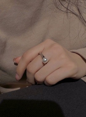 精致仿珍珠方形戒指女个性时尚设计感S925镀银开口指环ins风食指