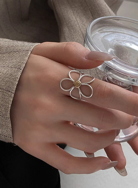 复古夸张镂空花朵戒指女个性时尚嘻哈S925镀银开口指环ins食指戒