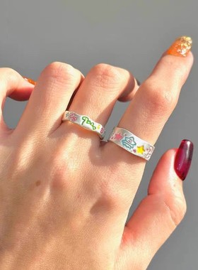 多巴胺彩色小恐龙戒指女好心情简约百搭气质开口指环小众食指戒潮