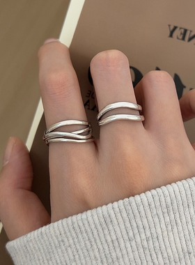 简约双层线条戒指女时尚个性不规则波浪S925银开口指环叠戴食指戒