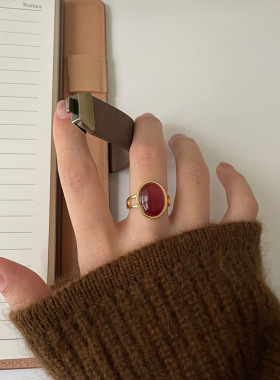 轻奢红色椭圆戒指女几何时尚宫廷风复古优雅S925镀银开口食指环潮