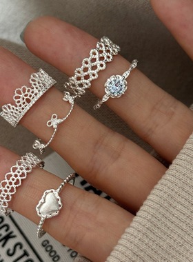 甜美花边蕾丝戒指女精致优雅气质蝴蝶结爱心开口指环小众食指戒潮