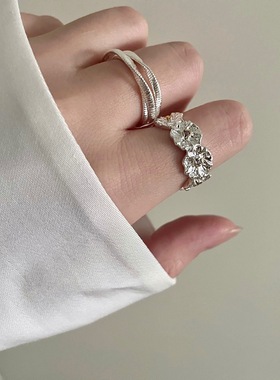 肌理感立体花朵戒指女简约时尚百搭气质S925镀银开口指环食指戒潮