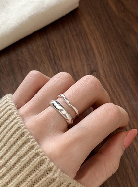 简约双层线条戒指女不规则凹凸纹理S925银开口指环ins百搭食指戒