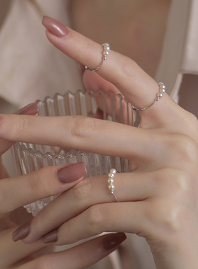 ins文艺气质珍珠戒指女复古S925银时尚简约圆球开口指环食指戒潮