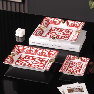 欧式中国红陶瓷烟灰缸桌面收纳摆件父亲男友礼品婚庆搬迁新房摆件