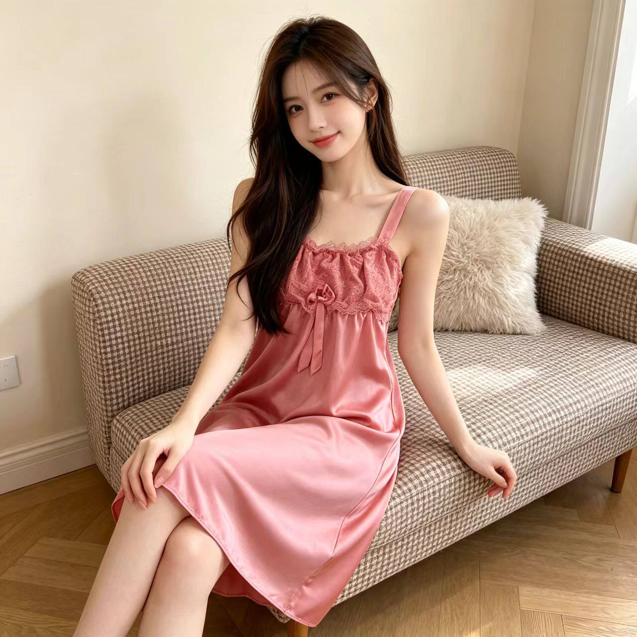 冰丝吊带睡裙女夏季薄款凉感蕾丝一字领中长款粉色性感睡衣家居裙