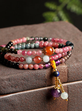 天然碧玺原石佛珠手链女生细