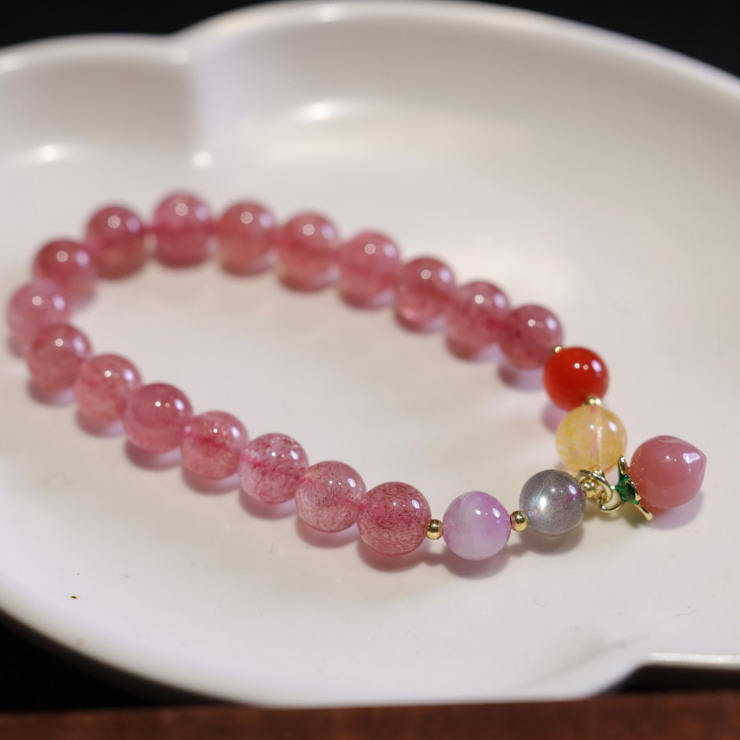 天然桃花草莓晶手链女生月光石好运玛瑙桃桃手串小众设计手镯饰品