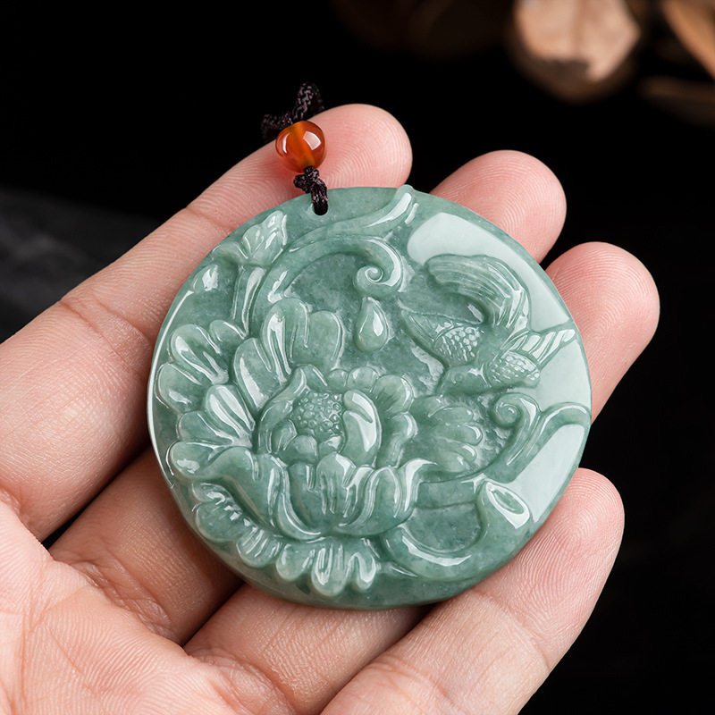 天然A货翡翠牡丹花喜鹊吊坠冰种玉石挂件毛衣链男女玉坠玉器项链