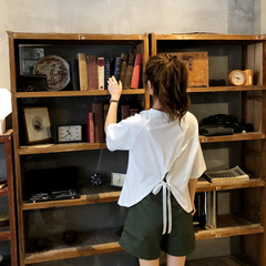 實拍春夏韓版寬鬆短袖T恤蝴蝶結露背小心機上衣實價