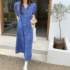Real shot spring and summer Korean version new design feeling show thin short sleeve floral dress long skirt real price