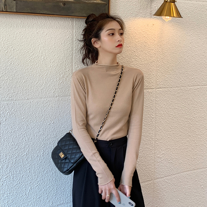 Real shot spring Korean new slim half high collar long sleeve knitwear elastic base shirt real price