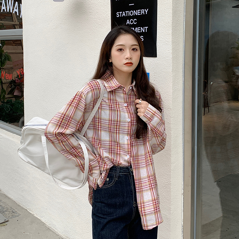 Real shot Korean version new retro loose and versatile Plaid Shirt lazy style shirt real price