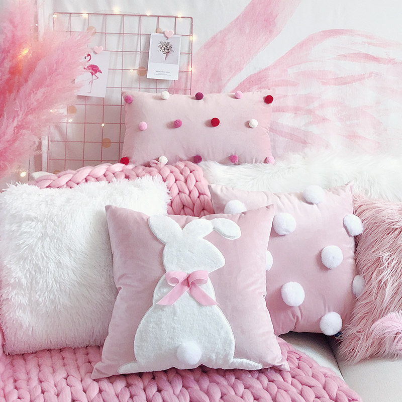 ins公主少女心毛绒兔子抱枕沙发网红靠垫火烈鸟毛毛亮片猫咪靠枕