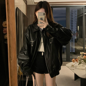 CC683-P96硬核辣妹黑色复古廓形翻领机车夹克皮衣外套秋季新款图片