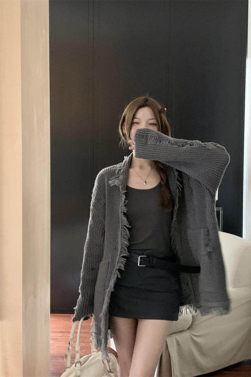 CC639-P63 Gestrickter Pullover für Damen mit einer lockeren und eleganten grauen Strickjacke mit langen Ärmeln_voghion.com