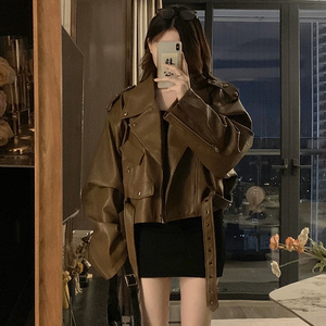 CC684-P103美拉德棕色重工机车pu皮衣外套秋短款男女新款痞帅