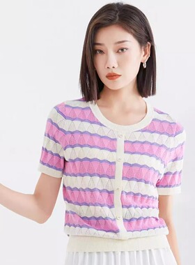 夏款撞色条纹针织莱赛尔天丝圆领短袖上衣418001