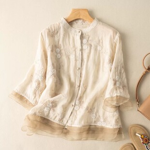 今年流行的女装上衣女七分袖棉麻蕾丝拼接小衫女重工刺绣苎麻上衣