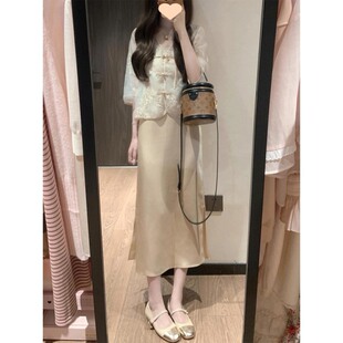 今年流行的女装上衣国风醋酸缎面盘扣连衣裙夏季茶系穿搭一整套