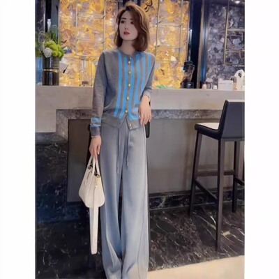 春装女2025年新款轻奢高级感阔腿裤针织打底衫运动休闲穿搭一整套