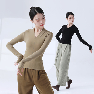 黑色舞蹈上衣女新款V领长袖古典舞练功服形体服成人套指现代舞服