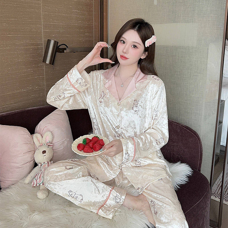睡衣女秋冬长袖高档呆萌兔子开衫宽松家居服春秋金丝绒可外穿套装