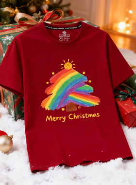 2026年圣诞树新款短袖T恤圣诞节元素衣服大码MerryChristmas活动