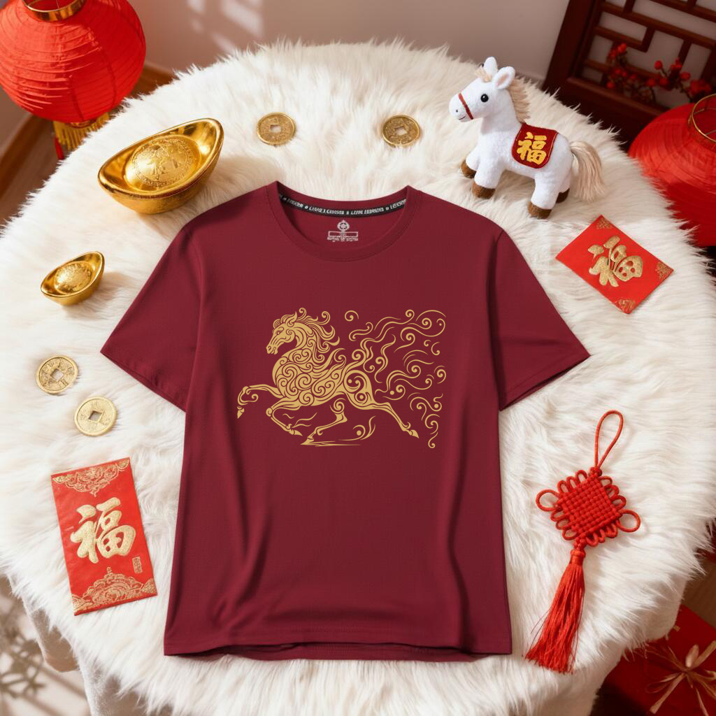 中国风祥云马年生肖马2026年新年短袖T恤纯棉马踏祥云半袖大码红