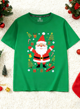 2026年圣诞老人新款短袖T恤圣诞节元素衣服红色MerryChristmas鹿