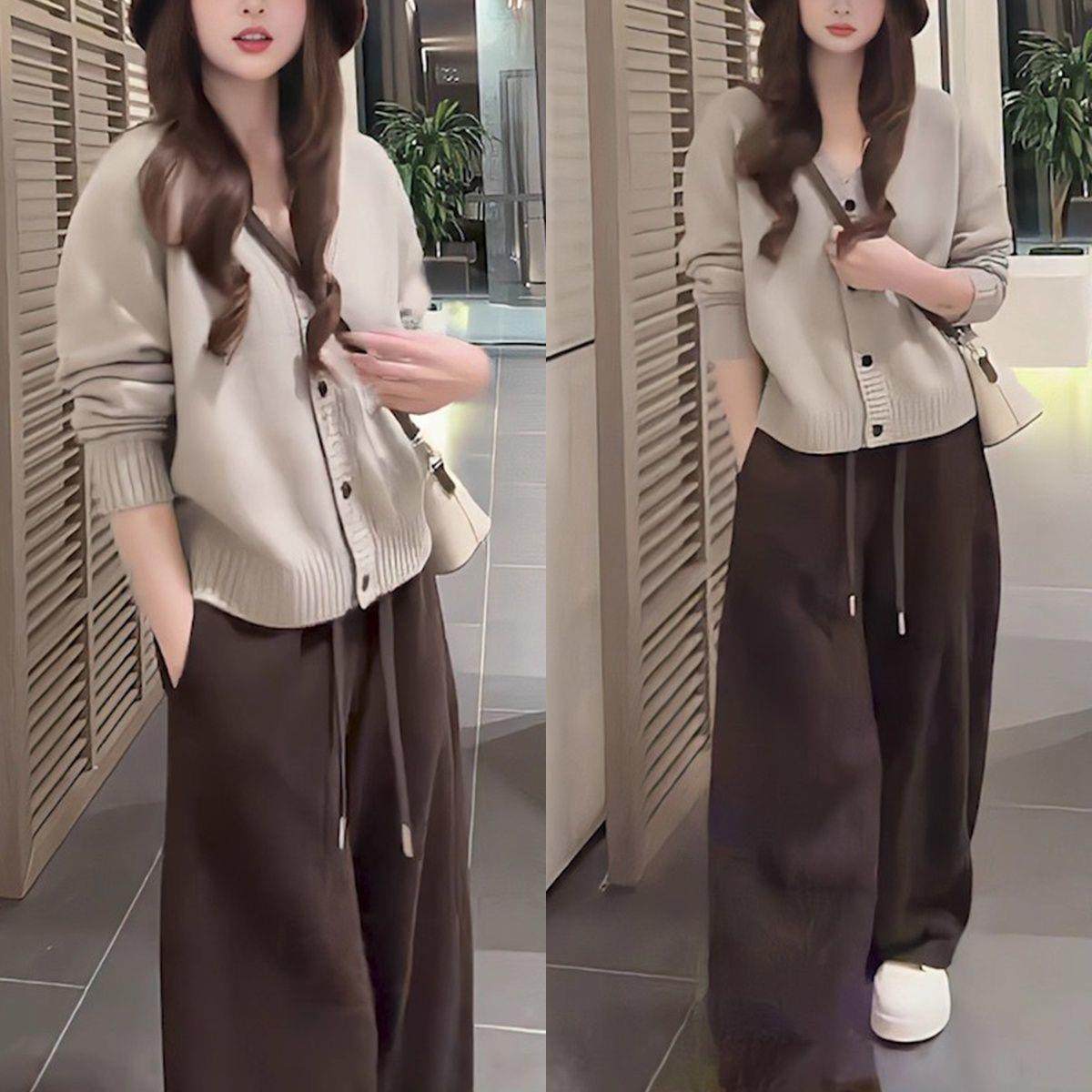 秋冬穿搭一整套新款慵懒风开衫针织上衣高腰阔腿裤子气质两件套女,女装/女士精品,时尚套装,淘宝优惠券,粉丝福利购,淘宝优惠卷