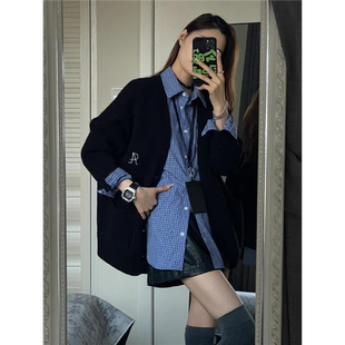 韩系职业穿搭高级感格纹POLO领衬衫叠穿慵懒风针织开衫毛衣两件套