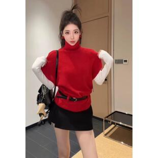 本命年新年穿搭红色高领毛衣马甲女秋冬叠穿百搭打底衫上衣两件套