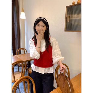 2026春季新款双排扣波点甜美叠穿衬衫女+韩系V领针织背心时尚套装