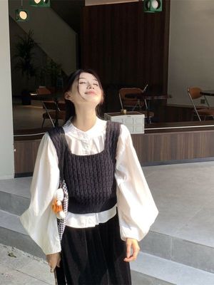 复古别致针织背心马甲两件套装