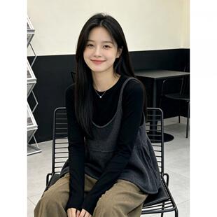韩系慵懒风套装女春秋2026新款气质吊带马甲叠穿长袖打底衫两件套