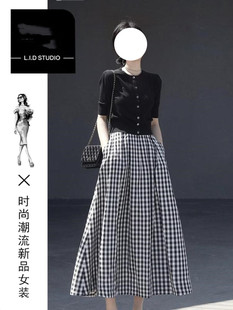 a字洋气高腰西装 上衣2025新款 女装 千鸟格半身裙套装 新款 夏季 短袖